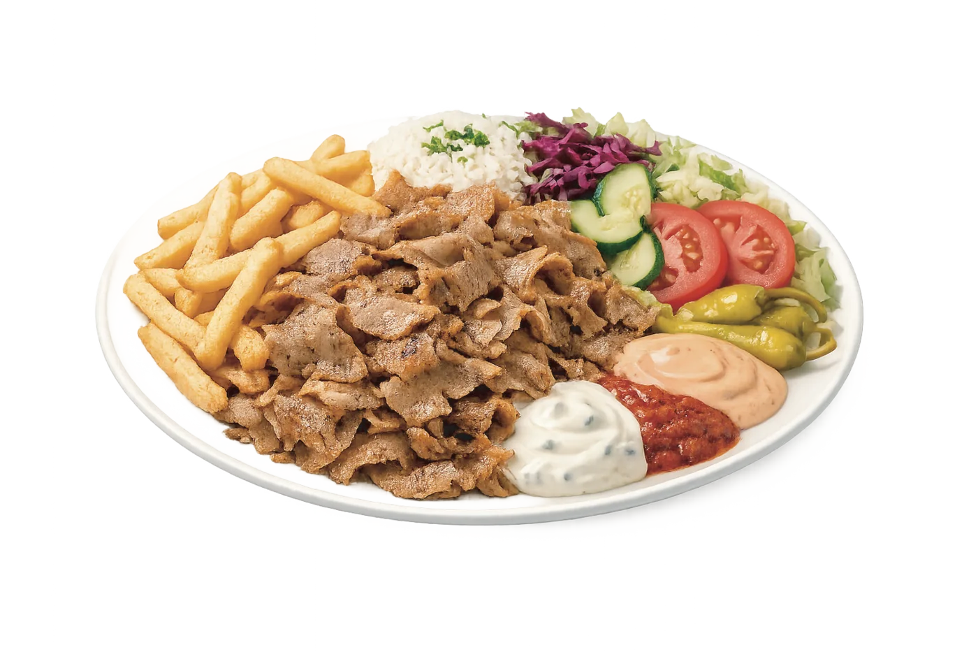 Kebabtallrik med pommes, ris, sallad och såser