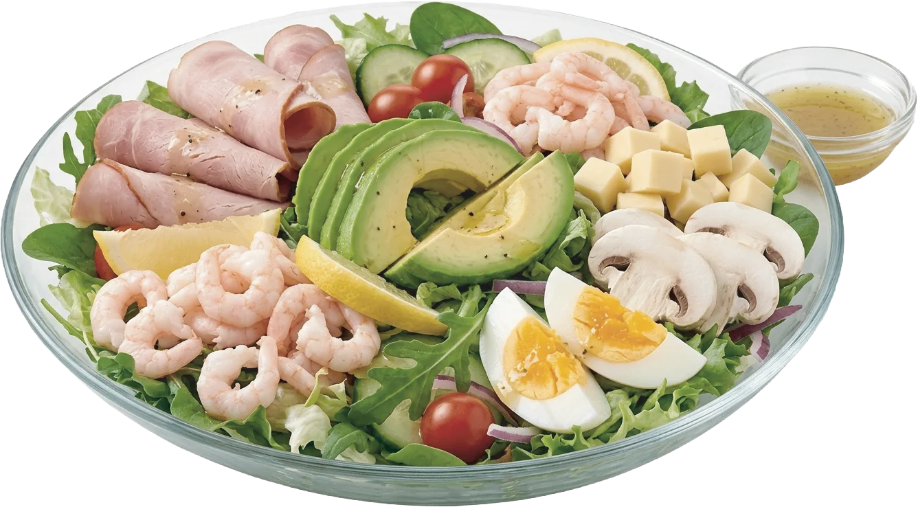 Sallad med avocado, räkor, skinka och ägg